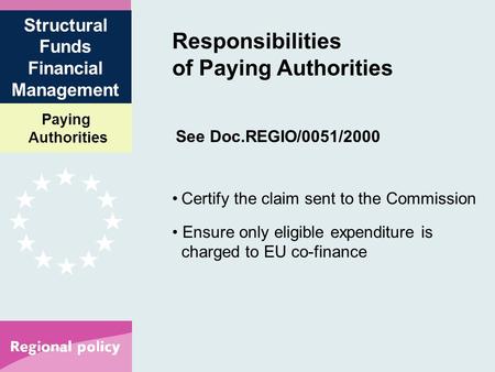 Paying Authorities Structural Funds Financial Management Responsibilities of Paying Authorities See Doc.REGIO/0051/2000 Certify the claim sent to the Commission.