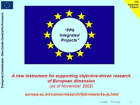 11.11.2002 European Commission - Directorate-General for Research IP short.doc 1 FP6 Integrated Projects FP6 Integrated Projects A new instrument for supporting.