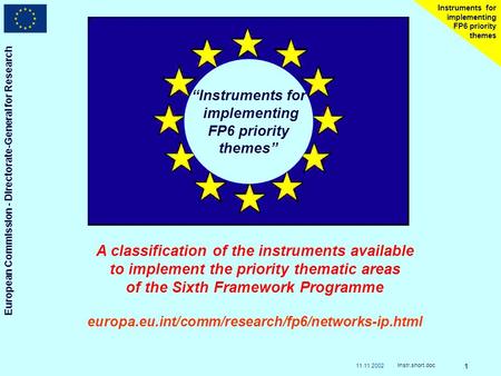 11.11.2002 European Commission - Directorate-General for Research Instr.short.doc 1 Instruments for implementing FP6 priority themes Instruments for implementing.