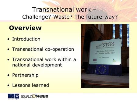 Transnational work – Challenge? Waste? The future way? Overview Introduction Transnational co-operation Transnational work within a national development.