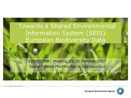 Towards a Shared Environmental Information System (SEIS) European Biodiversity Data EIONET/NRC Meeting 29/30 October 2007 Ivone Pereira Martins/Rania Spyropoulou.