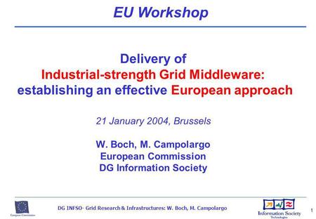DG INFSO- Grid Research & Infrastructures: W. Boch, M. Campolargo 1 Delivery of Industrial-strength Grid Middleware: establishing an effective European.