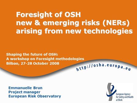 Shaping the future of OSH: A workshop on Foresight methodologies Bilbao, 27-28 October 2008 Foresight of OSH new & emerging risks (NERs) arising from new.