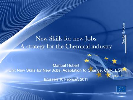 New Skills for new Jobs A strategy for the Chemical industry Manuel Hubert Unit New Skills for New Jobs, Adaptation to Change, CSR, EGF Brussels 10 February.