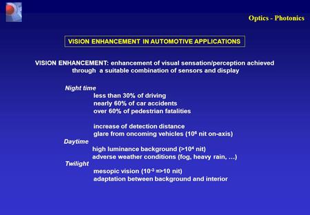 Optics - Photonics VISION ENHANCEMENT IN AUTOMOTIVE APPLICATIONS VISION ENHANCEMENT: enhancement of visual sensation/perception achieved through a suitable.
