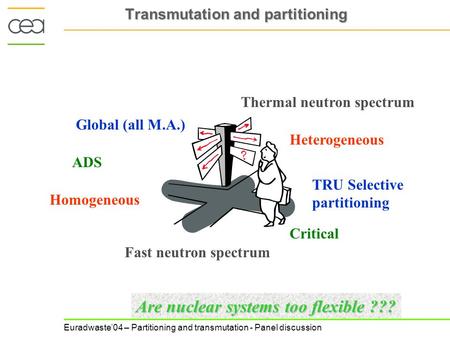 Euradwaste04 – Partitioning and transmutation - Panel discussion Transmutation and partitioning Fast neutron spectrum Critical Heterogeneous Homogeneous.