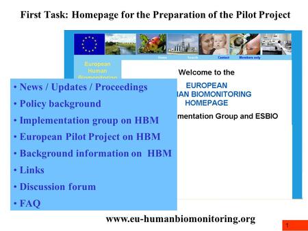 1 First Task: Homepage for the Preparation of the Pilot Project www.eu-humanbiomonitoring.org News / Updates / Proceedings Policy background Implementation.