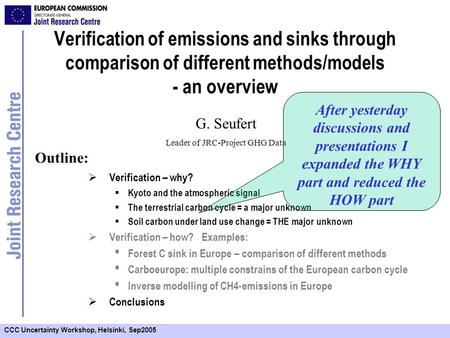 CCC Uncertainty Workshop, Helsinki, Sep2005 Verification of emissions and sinks through comparison of different methods/models - an overview Verification.