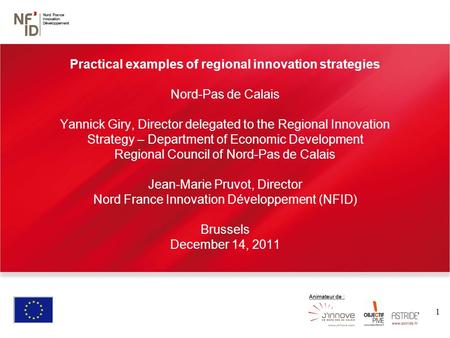 1 Practical examples of regional innovation strategies Nord-Pas de Calais Yannick Giry, Director delegated to the Regional Innovation Strategy – Department.