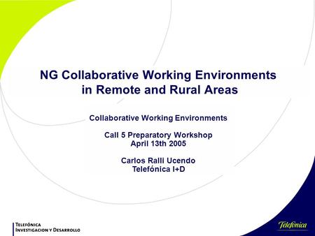 NG Collaborative Working Environments in Remote and Rural Areas Collaborative Working Environments Call 5 Preparatory Workshop April 13th 2005 Carlos Ralli.