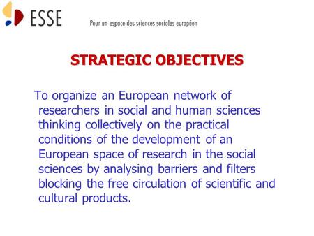 STRATEGIC OBJECTIVES To organize an European network of researchers in social and human sciences thinking collectively on the practical conditions of the.