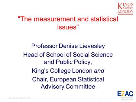 The measurement and statistical issues Professor Denise Lievesley Head of School of Social Science and Public Policy, Kings College London and Chair,