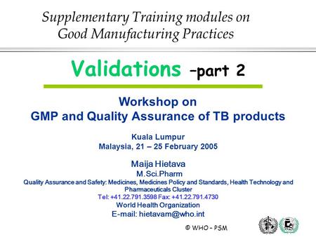 Supplementary Training modules on Good Manufacturing Practices