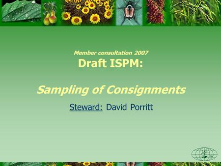 Member consultation 2007 Draft ISPM: Sampling of Consignments Steward: David Porritt.