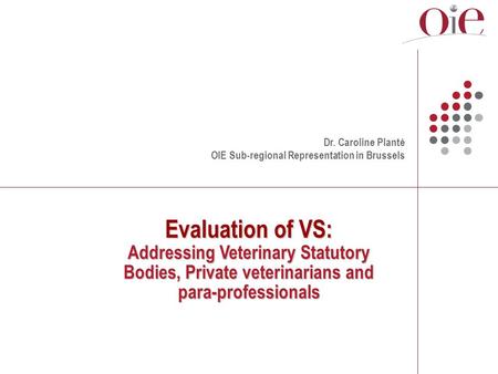 Evaluation of VS: Addressing Veterinary Statutory Bodies, Private veterinarians and para-professionals Dr. Caroline Planté OIE Sub-regional Representation.