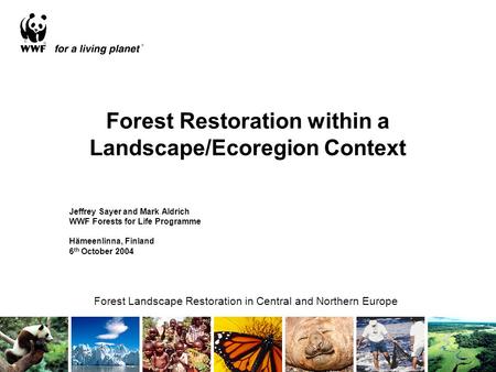 Forest Restoration within a Landscape/Ecoregion Context Jeffrey Sayer and Mark Aldrich WWF Forests for Life Programme Hämeenlinna, Finland 6 th October.