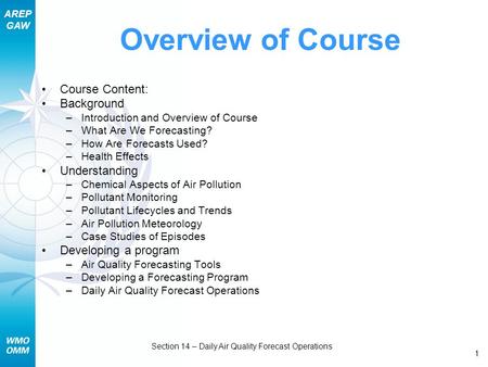 AREP GAW Section 14 – Daily Air Quality Forecast Operations 1 Overview of Course Course Content: Background –Introduction and Overview of Course –What.