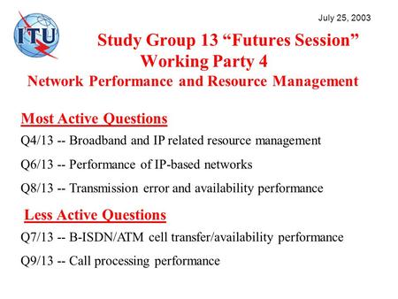 Study Group 13 Futures Session Working Party 4 Network Performance and Resource Management July 25, 2003 Most Active Questions Q4/13 -- Broadband and IP.