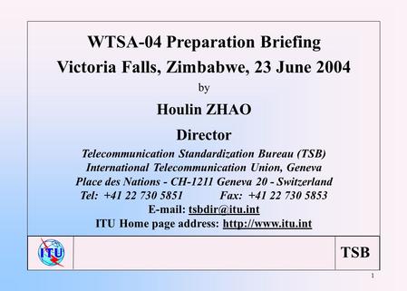 TSB 1 WTSA-04 Preparation Briefing Victoria Falls, Zimbabwe, 23 June 2004 by Houlin ZHAO Director Telecommunication Standardization Bureau (TSB) International.