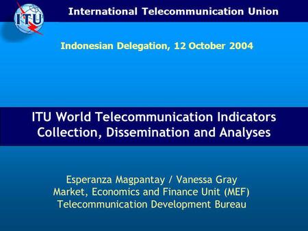 International Telecommunication Union ITU World Telecommunication Indicators Collection, Dissemination and Analyses Esperanza Magpantay / Vanessa Gray.