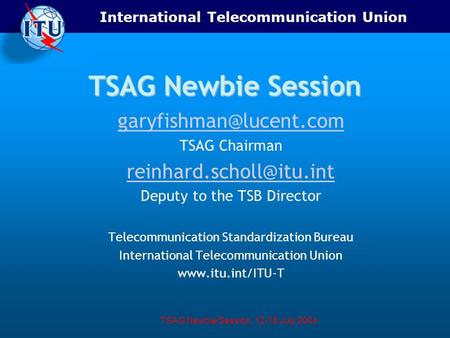 International Telecommunication Union TSAG Newbie Session, 12-16 July 2004 TSAG Newbie Session TSAG Chairman