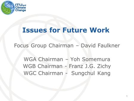 1 Issues for Future Work Focus Group Chairman – David Faulkner WGA Chairman – Yoh Somemura WGB Chairman - Franz J.G. Zichy WGC Chairman - Sungchul Kang.