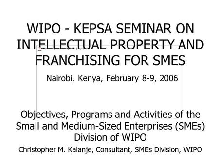 WIPO - KEPSA SEMINAR ON INTELLECTUAL PROPERTY AND FRANCHISING FOR SMES Nairobi, Kenya, February 8-9, 2006 Objectives, Programs and Activities of the Small.