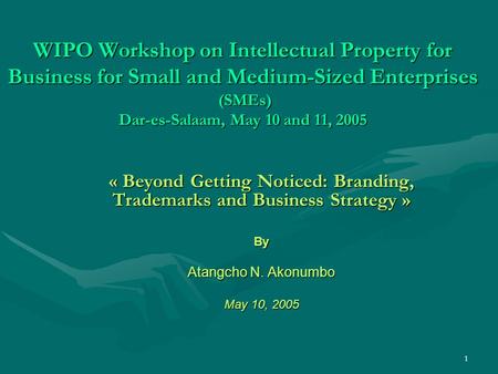 1 WIPO Workshop on Intellectual Property for Business for Small and Medium-Sized Enterprises (SMEs) Dar-es-Salaam, May 10 and 11, 2005 « Beyond Getting.