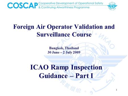 1 Foreign Air Operator Validation and Surveillance Course Bangkok, Thailand 30 June – 2 July 2009 ICAO Ramp Inspection Guidance – Part I.