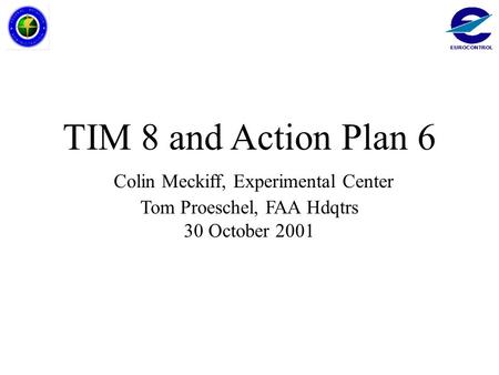 TIM 8 and Action Plan 6 Colin Meckiff, Experimental Center Tom Proeschel, FAA Hdqtrs 30 October 2001.