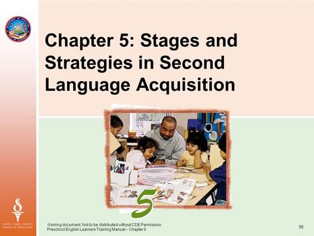 Working document. Not to be distributed without CDE Permission. Preschool English Learners Training Manual – Chapter 5 96 Chapter 5: Stages and Strategies.