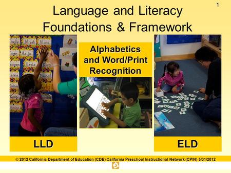 11 © 2012 California Department of Education (CDE) California Preschool Instructional Network (CPIN) 5/31/2012 Language and Literacy Foundations & FrameworkLLDELD.