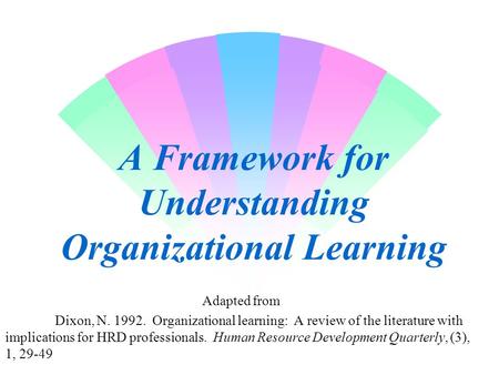 A Framework for Understanding Organizational Learning Adapted from Dixon, N. 1992. Organizational learning: A review of the literature with implications.