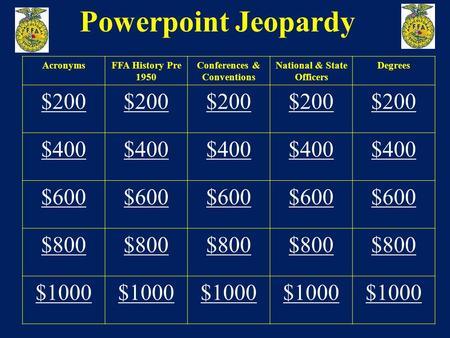Powerpoint Jeopardy AcronymsFFA History Pre 1950 Conferences & Conventions National & State Officers Degrees $200 $400 $600 $800 $1000.