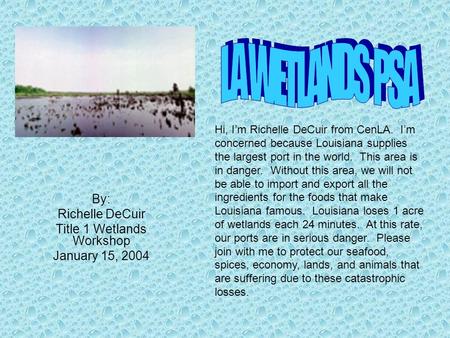 By: Richelle DeCuir Title 1 Wetlands Workshop January 15, 2004 Hi, Im Richelle DeCuir from CenLA. Im concerned because Louisiana supplies the largest port.