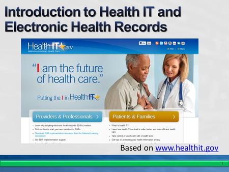 1 Based on www.healthit.govwww.healthit.gov. 2 Health Information Technology for Economic and Clinical Health (HITECH) Act 2009: Encouraging Use, Protecting.