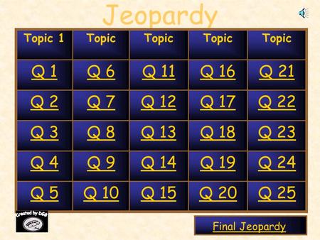 Jeopardy Topic 1Topic Q 1Q 6Q 11Q 16Q 21 Q 2Q 7Q 12Q 17Q 22 Q 3Q 8Q 13Q 18Q 23 Q 4Q 9Q 14Q 19Q 24 Q 5Q 10Q 15Q 20Q 25 Final Jeopardy.