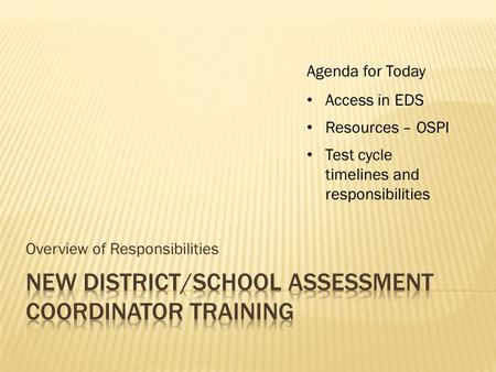 Overview of Responsibilities Agenda for Today Access in EDS Resources – OSPI Test cycle timelines and responsibilities.