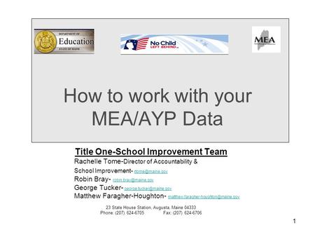 1 How to work with your MEA/AYP Data Title One-School Improvement Team Rachelle Tome- Director of Accountability & School Improvement-