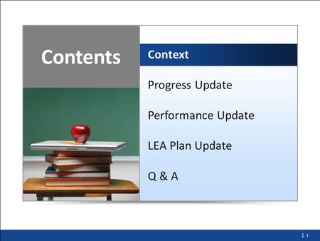 Contents Context Progress Update Performance Update LEA Plan Update