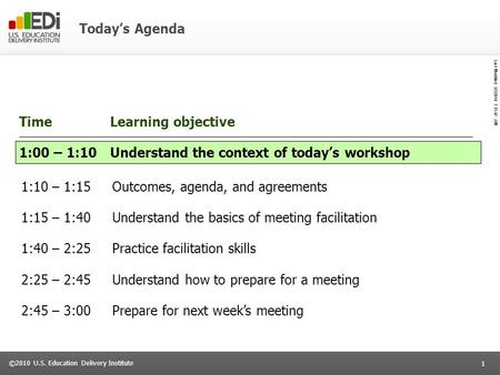 Today’s Agenda Time Learning objective 1:00 – 1:10