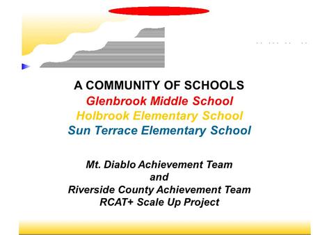 A COMMUNITY OF SCHOOLS Glenbrook Middle School Holbrook Elementary School Sun Terrace Elementary School Mt. Diablo Achievement Team and Riverside County.