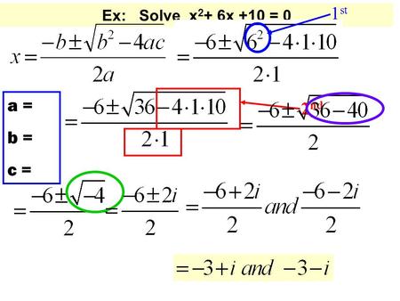 Ex: Solve x 2 + 6x +10 = 0 a = b = c = 1 st 2 nd.