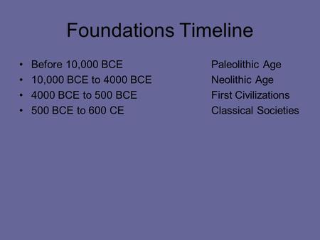Foundations Timeline Before 10,000 BCE Paleolithic Age