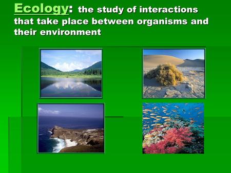 Principles of Ecology You will describe ecology and the work of ecologists. You will identify important aspects of an organism’s environment You will trace.