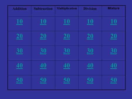 Addition Subtraction Multiplication Division Mixture 10 20 30 40 50.