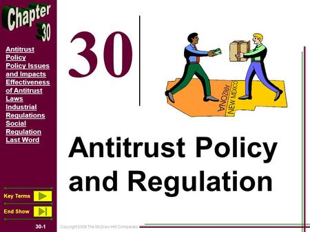 Copyright 2008 The McGraw-Hill Companies 30-1 Antitrust Policy Policy Issues and Impacts Effectiveness of Antitrust Laws Industrial Regulations Social.