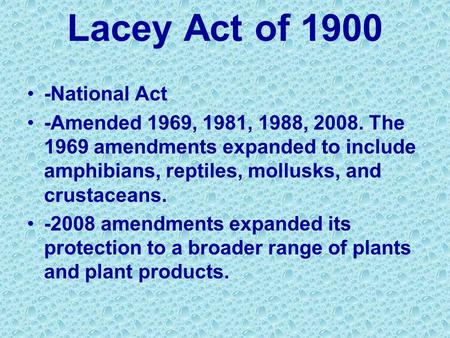 Lacey Act of 1900 -National Act -Amended 1969, 1981, 1988, 2008. The 1969 amendments expanded to include amphibians, reptiles, mollusks, and crustaceans.