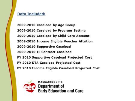 Data Included: 2009-2010 Caseload by Age Group 2009-2010 Caseload by Program Setting 2009-2010 Caseload by Child Care Account 2009-2010 Income Eligible.