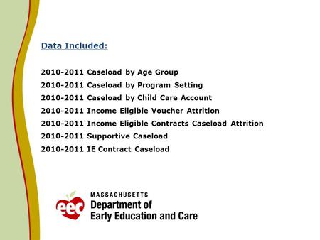 Data Included: 2010-2011 Caseload by Age Group 2010-2011 Caseload by Program Setting 2010-2011 Caseload by Child Care Account 2010-2011 Income Eligible.